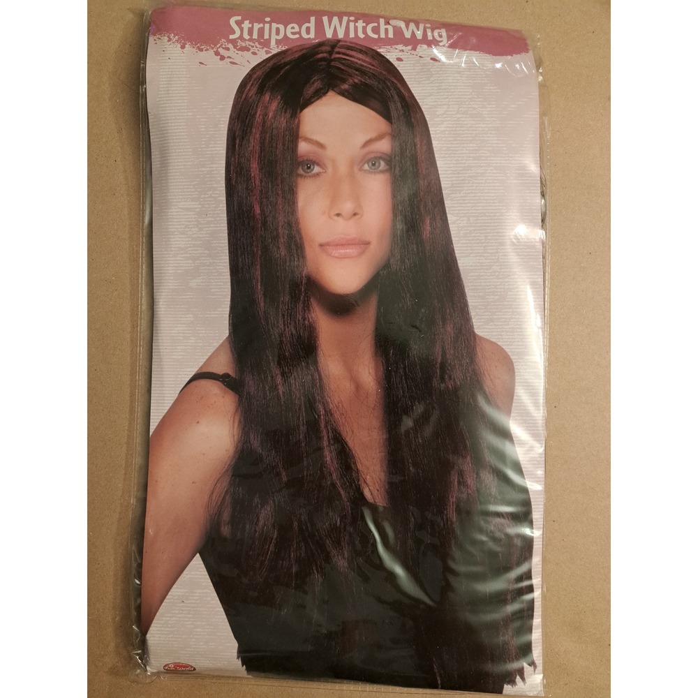 Fun World Striped Witch Wig Long Straight Black Red Burgundy Costume Accessory